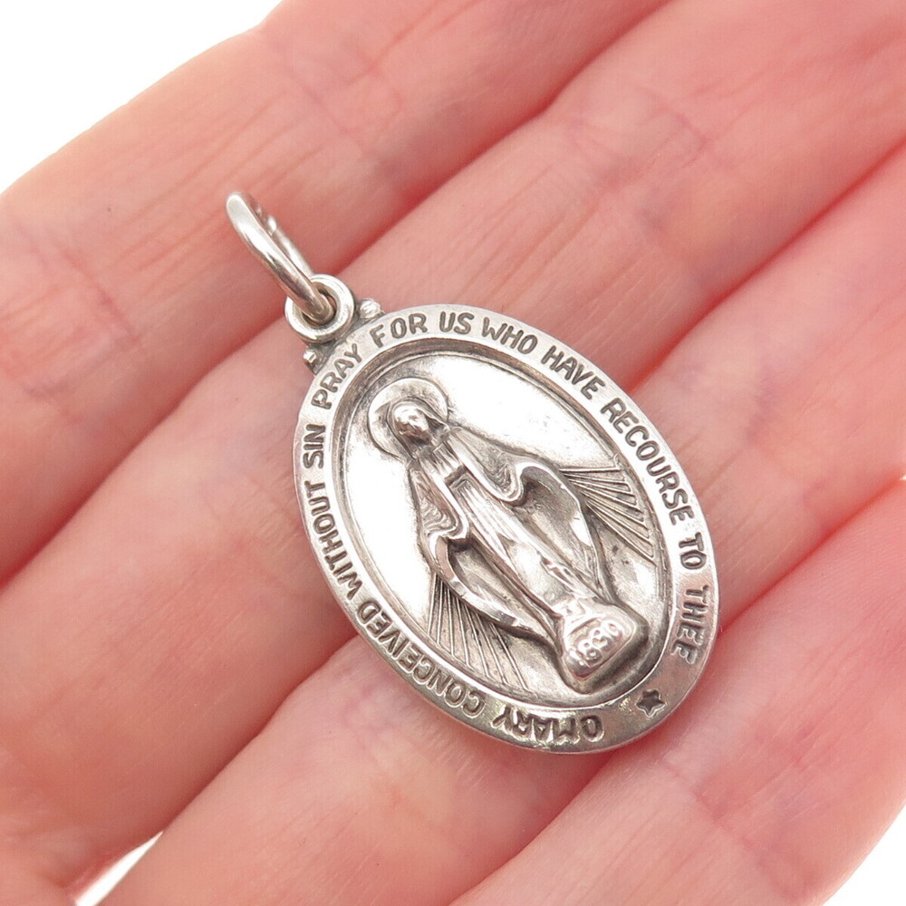 THEDA 925 Sterling Silver Antique Art Deco St. Mary Slide Double Charm Pendant
